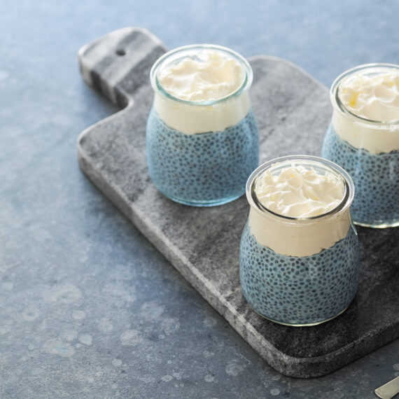 vegan blue spirulina chia puddings with whipped coconut cream
